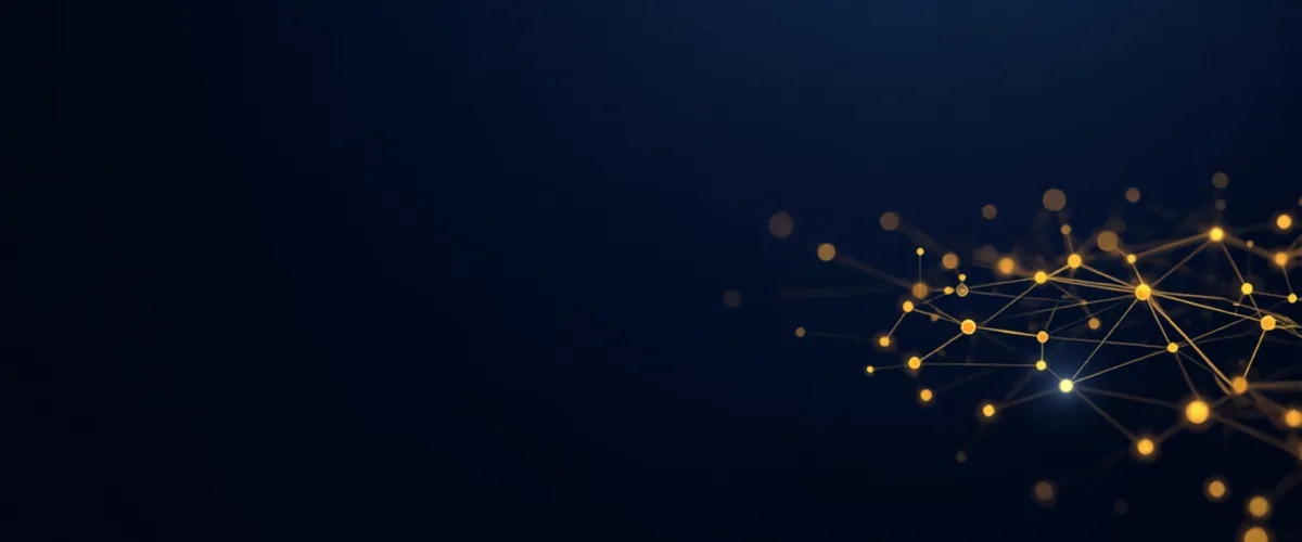 Abstract illustration of glowing golden AI agent nodes connected by luminous threads over a deep navy background.