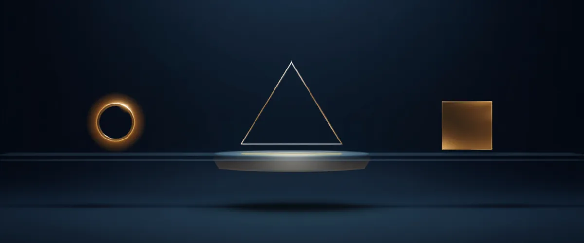 Abstract illustration of golden and silver geometric symbols: a circle, a triangle, and a cube on a deep navy background.