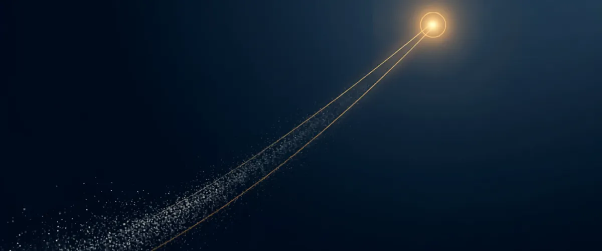 Abstract illustration of a golden rocket launching from a silver lab flask toward a radiant gold circle on a deep navy background.
