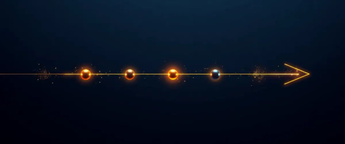 Abstract illustration of a luminous golden workflow pipeline with five connected nodes flowing left to right on a deep navy background.